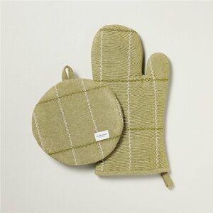 Set of 2 Faux Stitched Grid Oven Mitts Green - Hearth & Hand™ with Magnolia